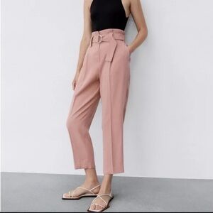 Zara Pink Belted Trouser Pants Cropped Ankle Size M